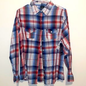 Medium Burnside Red White Blue Plaid Long Sleeve Collared Blouse. Brand New Tags